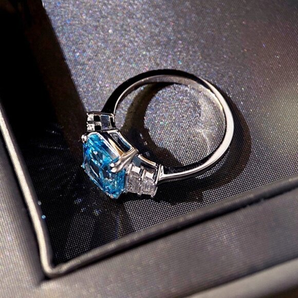 ⚡925 Silver Plated Iced Out CZ Blue Crystal Wedding Ring, MARR9449 - Picture 7 of 7